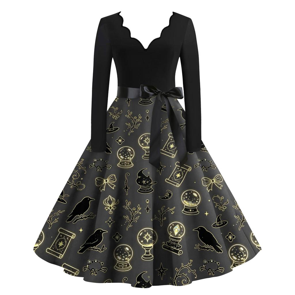 Women's Casual V-Neck Long Sleeve Halloween Print Dress