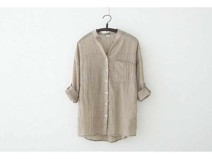 Women's Summer Seven Sleeve Loose Cotton Linen Stand Collar Blouse