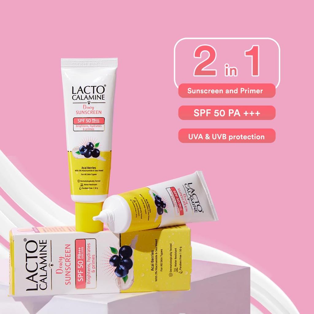 Lacto Calamine Dewy Sunscreen SPF 50 PA+++ 50g 1 Pack | Water Resistant Sun Protection & Makeup Primer