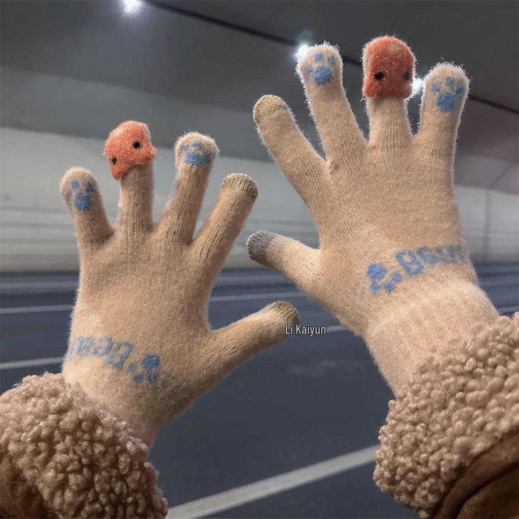 Women's Cute Winter Touchscreen Wool Knit Gloves - Velvet Lined, Cold-Proof for Cycling and Daily Wear