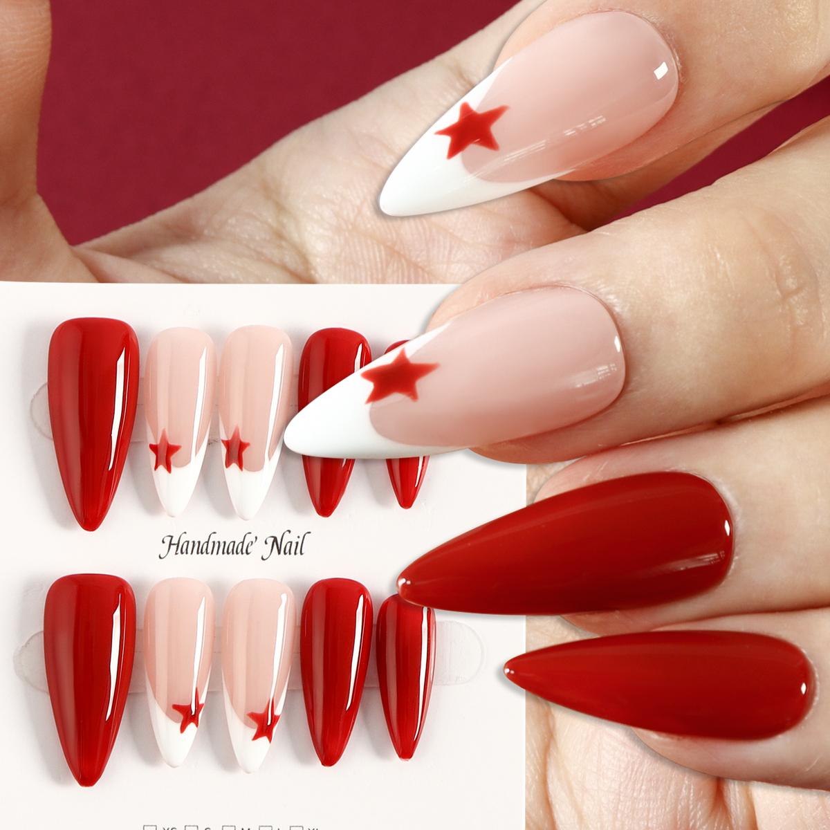 

10 Handmade Almond Press On False Nails Red Glossy Hand Painted Star Pattern Design French Tip Full Coverage Artificial Nail