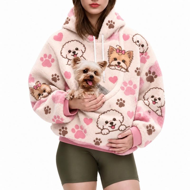 Womens Hooded Fleece Sweatshirt With Pet Pocket Loose Plus Size Winter Warm Casual Top