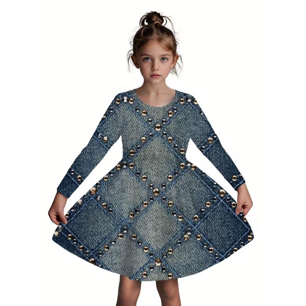 Girls' 3D Neon Triangle Dress Long Sleeve Summer Spring Vacation Daily Holiday Princess Beautiful Sweet Kids 4-12 Years Casual Dress A Line Dress