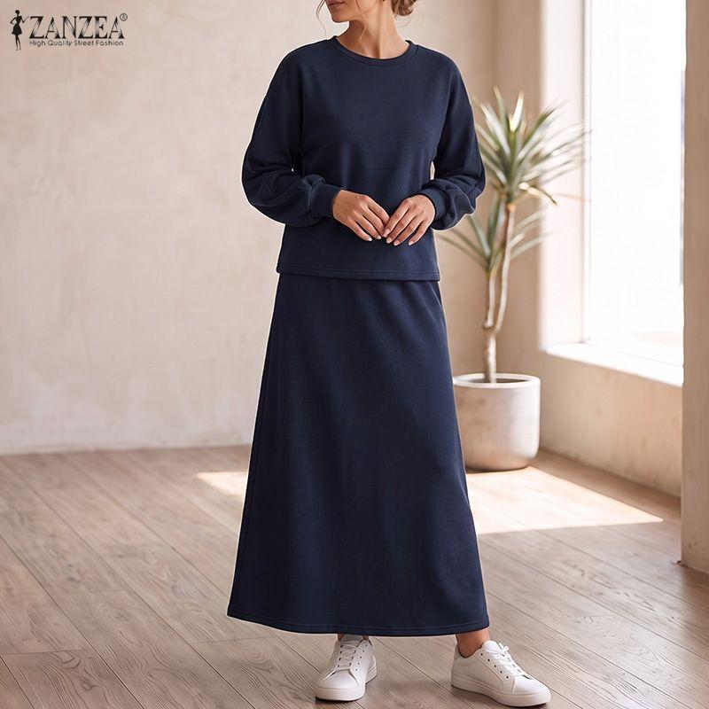 ZANZEA Damen Langarm Sweatshirts und Lange Röcke Herbst Zweiteilige Anzugsets
