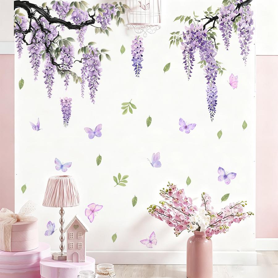 2Pc Wisteria Flower Butterfly Wall Decals For Girls Bedroom Living Room Decor Removable Vinyl Stickers Art Mural Home Decoration