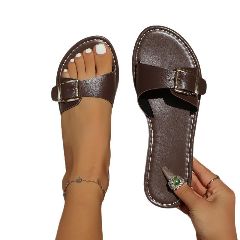 Large Size Buckle Flat Bottom One-Flip Shoes Women's Retro Lightweight Beach Cool Slippers Slippers