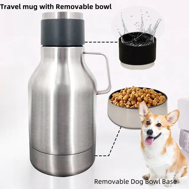 2 in 1 Double Wall Stainless Steel Vacuum Insulated Pet Water Bottle Portable Removable Dog Feeder Bowl
