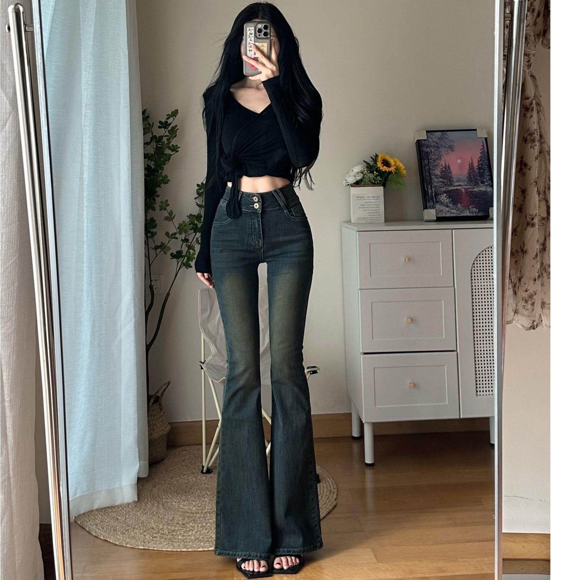 Women s High-Waisted Retro Blue-Gray Denim Flare Jeans - Slimming Elastic Wide-Leg Floor-Length Trousers for Autumn/Winter. XS