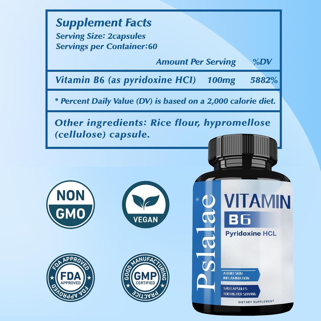 Pslalae Vitamin B6 Capsules, 100mg Vitamin B6 Extract, helps prevent skin inflammation, suitable for adults.