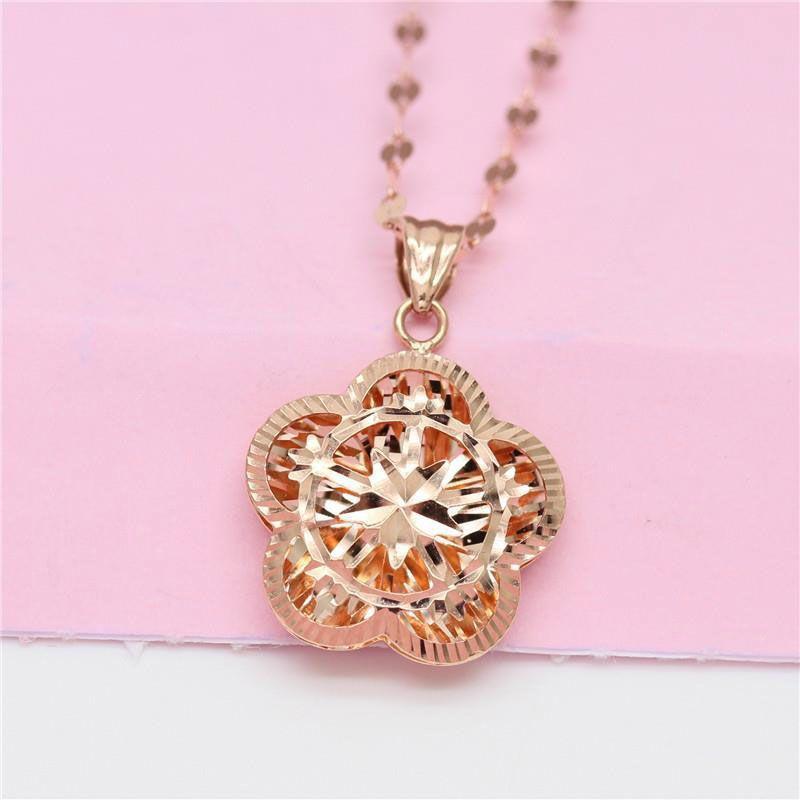 Purple Gold Color Gold Fashionable Elegance Exquisite Temperament High Grade Rose Gold Plated Hollow Flower Pendant Necklace Set Chain