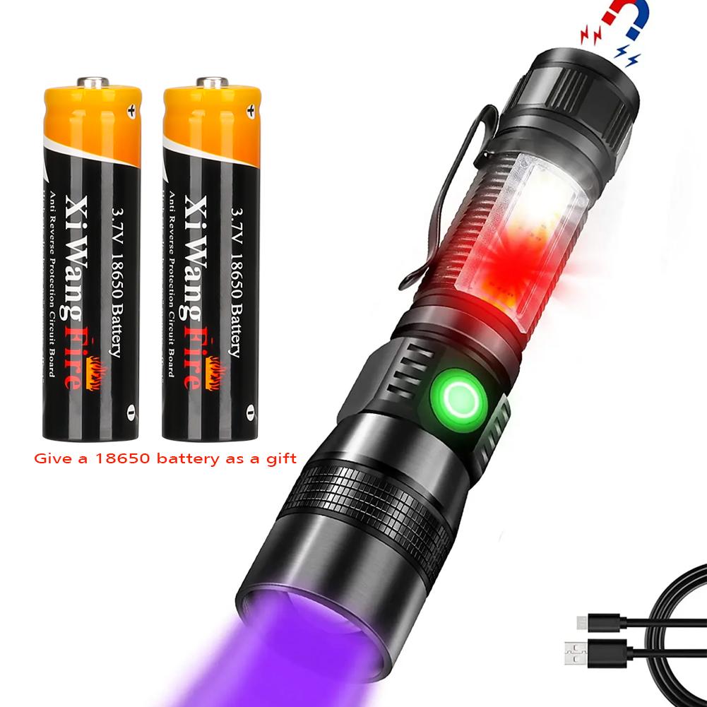 Powerful 3in1 LED Flashlight 365NM UV Light Flashlight Rechargeable Zoom Torch Pets Urine Stains Black Light Ultraviolet Lamp