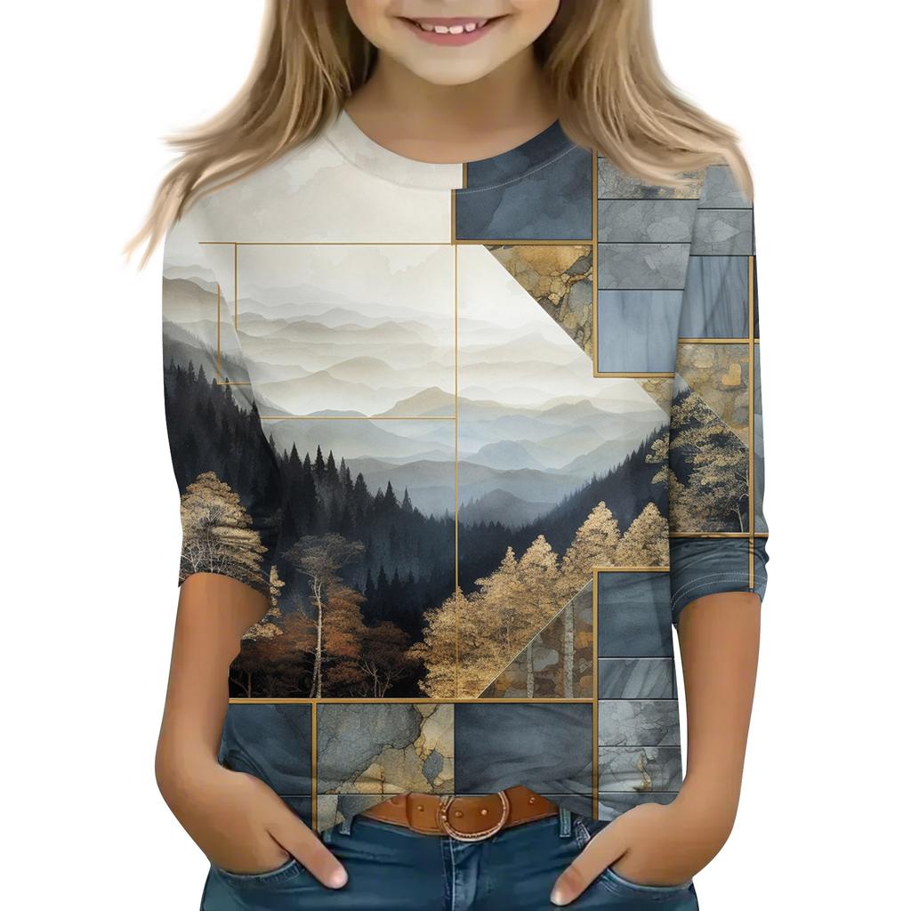 Print Tops For Youth Girls 5-16 Years Round Neck 3/4 Sleeves T-Shirts Trendy Tops Outfit Tees
