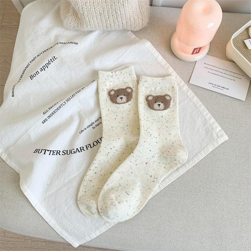 Cute Socks, Women's Bow, Dot-yarn, Pure Cotton Mid-calf Socks, Cartoon Bear, Colorful Dot Socks