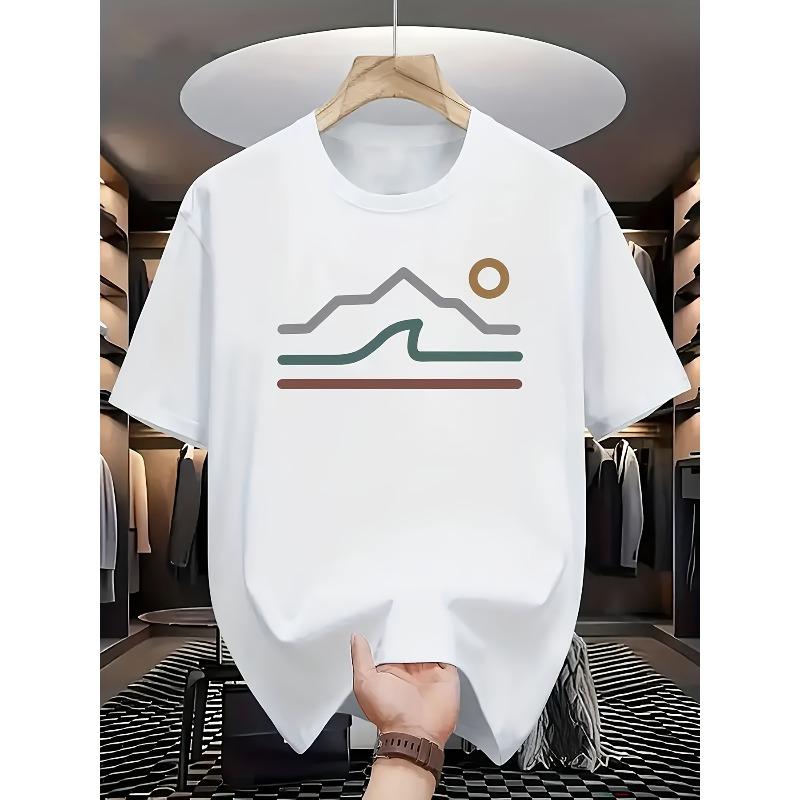 

European Size Simple Lines Wind Mountains Sunrise Pattern Printed White Short Sleeve T-Shirt to Create a Fresh and Natural Wear Style S белый