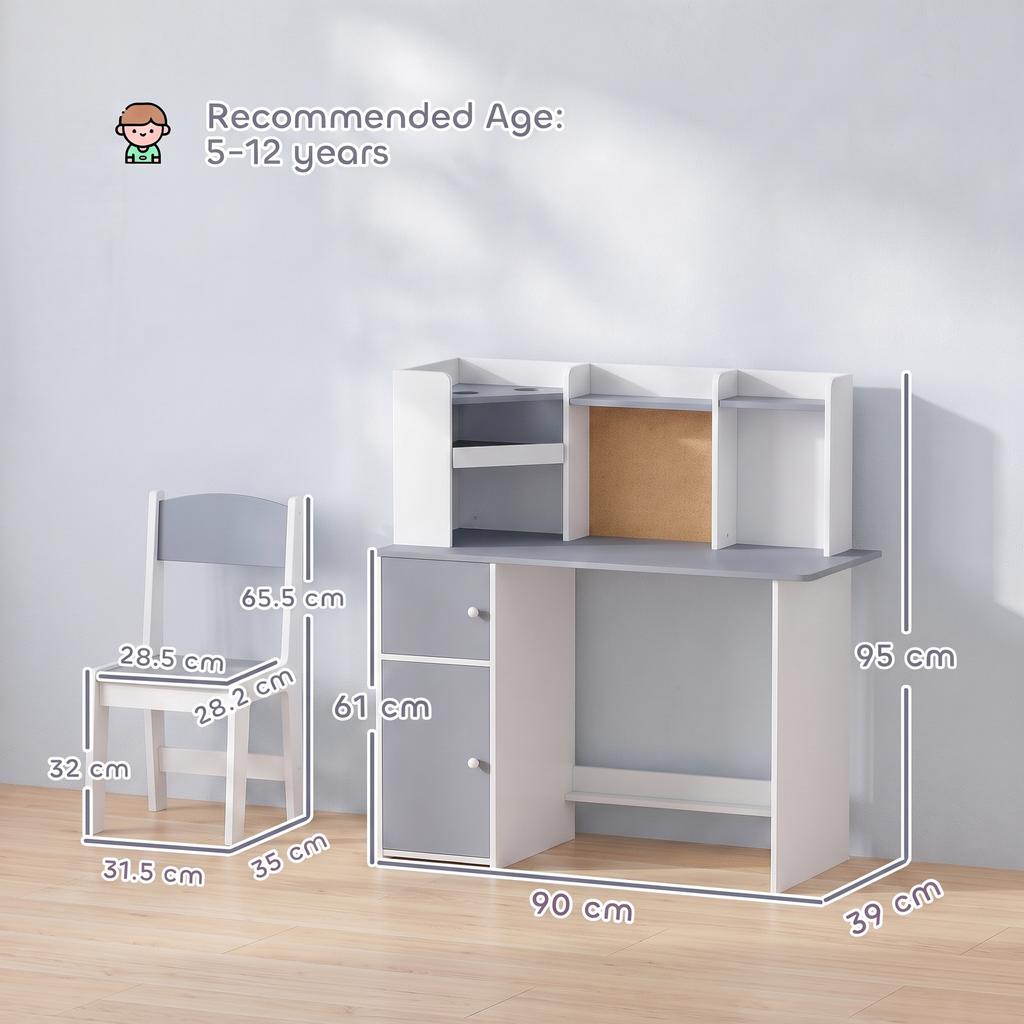 Kids' Desk and Chair Set with Pen Holder, Adjustable Tablet Stand, Cabinets and Bulletin Board, Gray