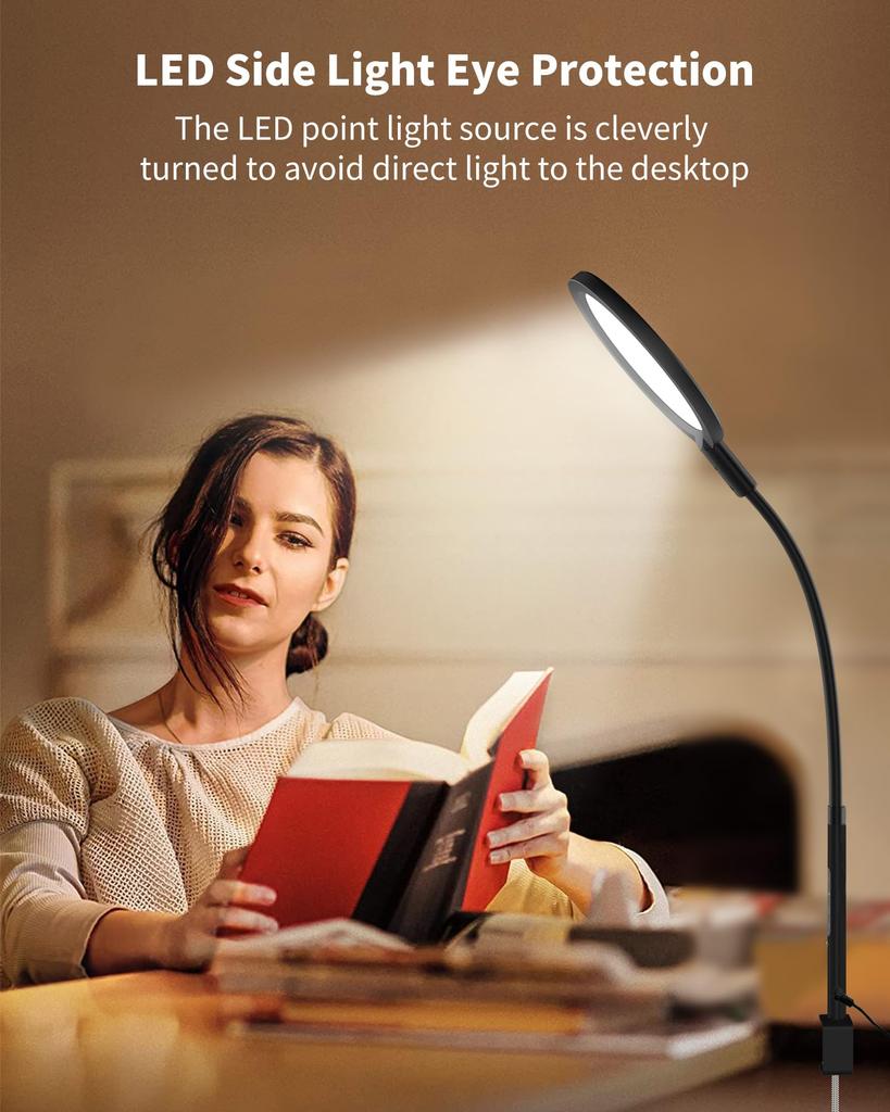 Clamp-on LED Desk Lamp with Sunshade and Touch Control, Eye-Friendly, Architectural Lighting Gooseneck Task Lamp with 25 Lighting Effect Modes, Clamp