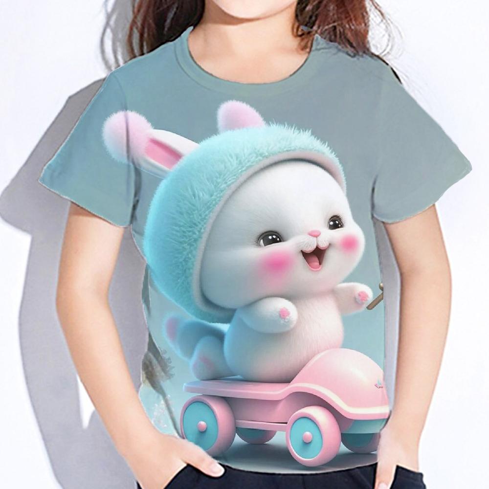 Rabbit Cartoon Print Toddler Short Sleeve Tops Oversized Crew Neck Tees Little Girl Clothes