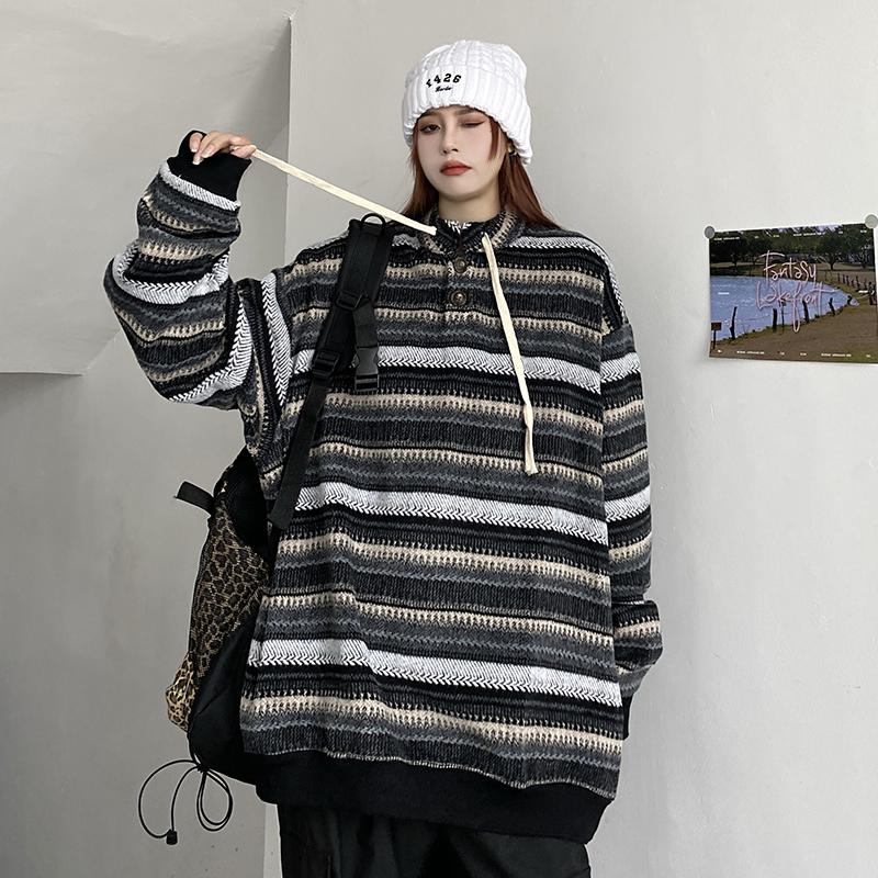 Autumn and Winter Vintage Striped Loose Pullovers Women Sweater Long Sleeve Casual Plus Size Knitted Sweaters Women Fashion O Neck Knit Jumpers 25361