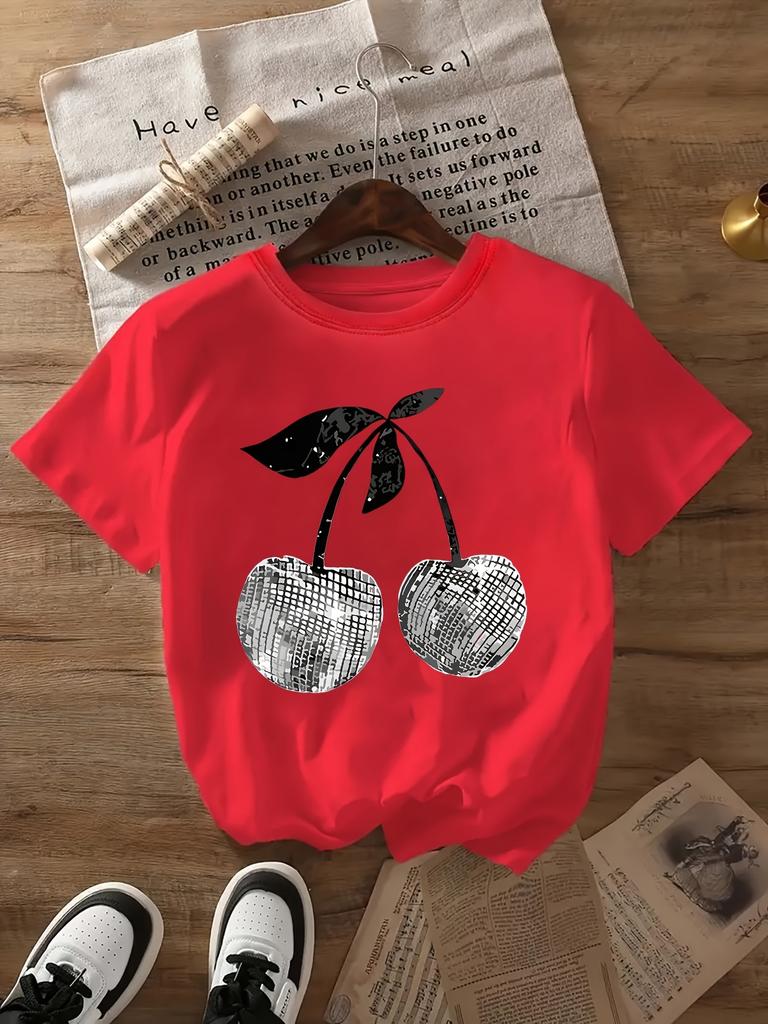 Silver Cherry Graphic Print T-Shirt Short Sleeve Crew Neck Casual Top for Summer Spring Women' S Clothing