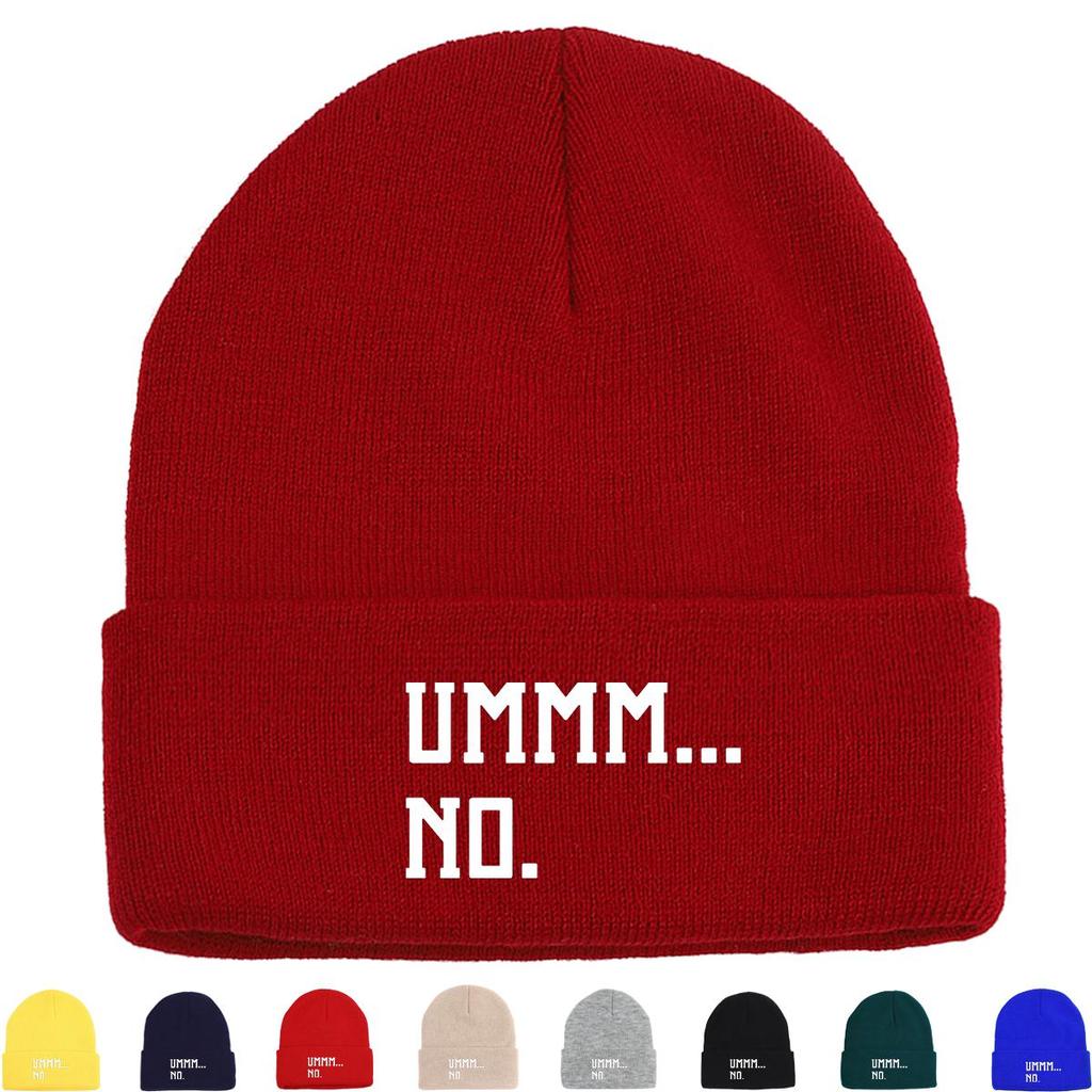 UMMM... NO" Print Knit Cap Beanie, White Text Skullies Beanies Soft Candy Color Simple Headwear Knitted Cap Beanie