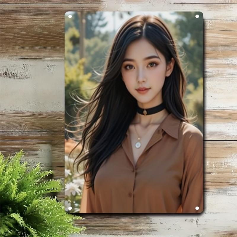 

HD Metal Tin Sign Elegant Asian Lady in Brown Shirt with Black Choker Posing in Garden Vintage Wall Art Decor for Home Bar Man C 20x30cm（7.8x11.8inch）