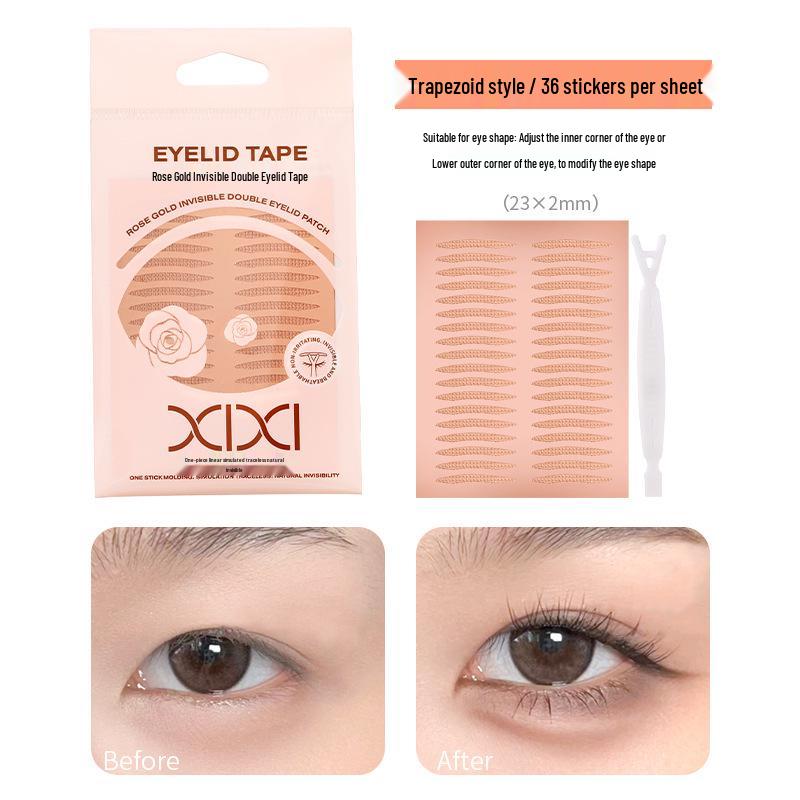 

XIXI Rose Gold Invisible Double Eyelid Stickers - Natural Eye Enlargement, Crescent & Trapezoid Shapes, Skin-Adhering. 3 pieces