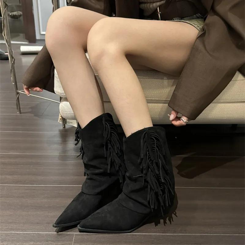 Fashion Women's Fashion Pointy Tassel Western Cowboy Boots Fall New Vintage Suede Soft Sole Non-slip Low Heel Ankle Boots