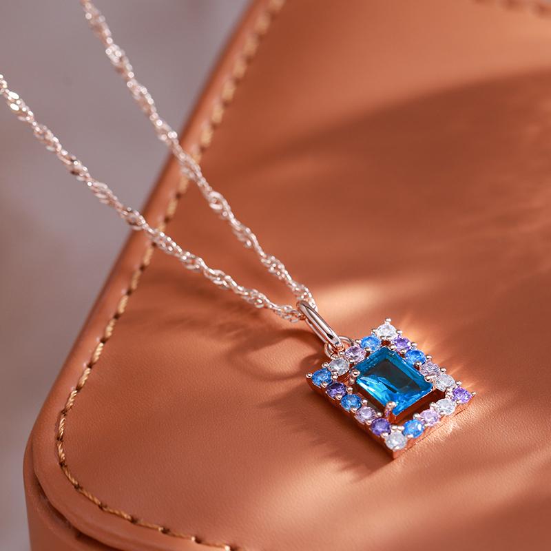 Kienl Fashion  Rose Gold Color Square Pendant Necklace For Women Blue Natural Zircon Accessories High Quality Daily Jewelry