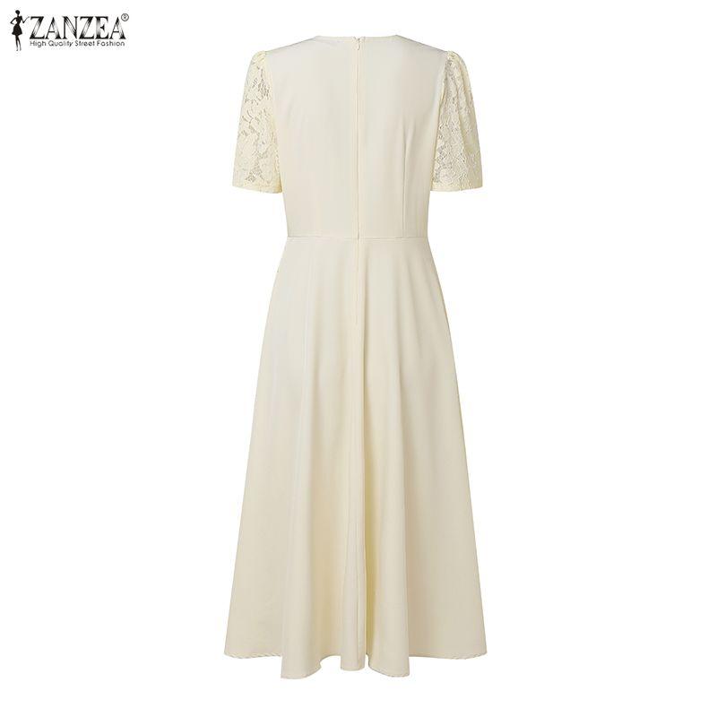 ZANZEA Women Round Neck Short Sleeve Lace Patchwork Long Dress