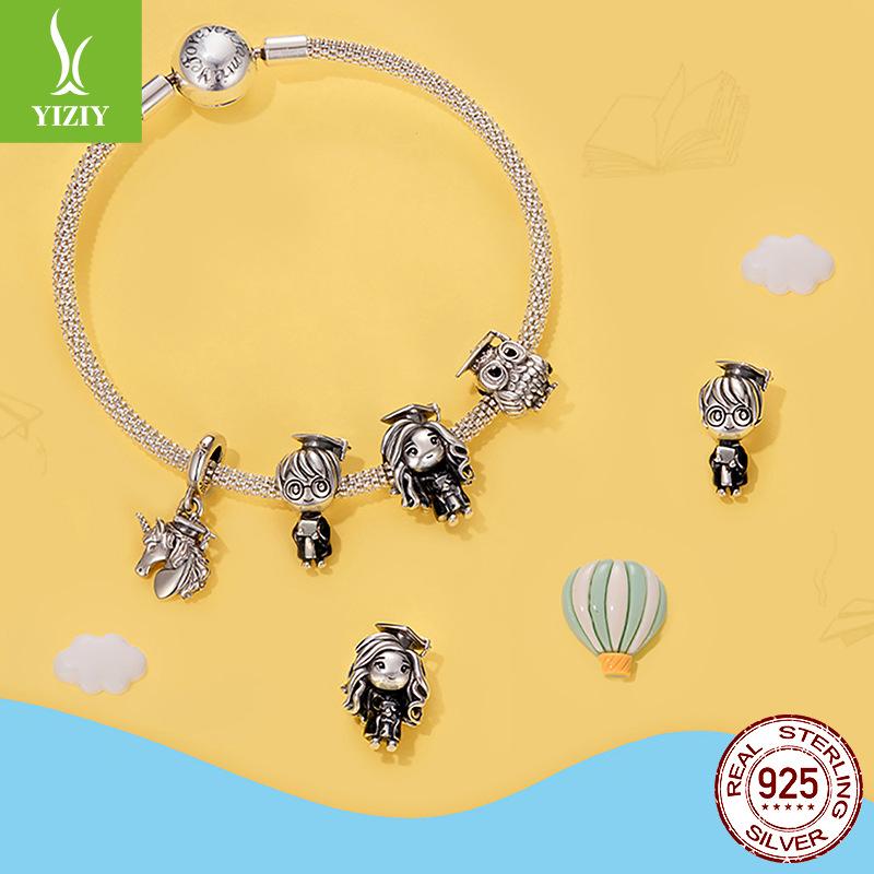 Graduation Season S925 Sterling Silver Beaded Accessories Creative Design Scholar Hat Pendant Graduation Gift
