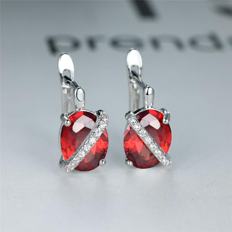 Cute Female Big Oval Stone Earrings Luxury Crystal Blue Purple Hoop Earrings Rose Gold Silver Color Wedding Earrings For Women