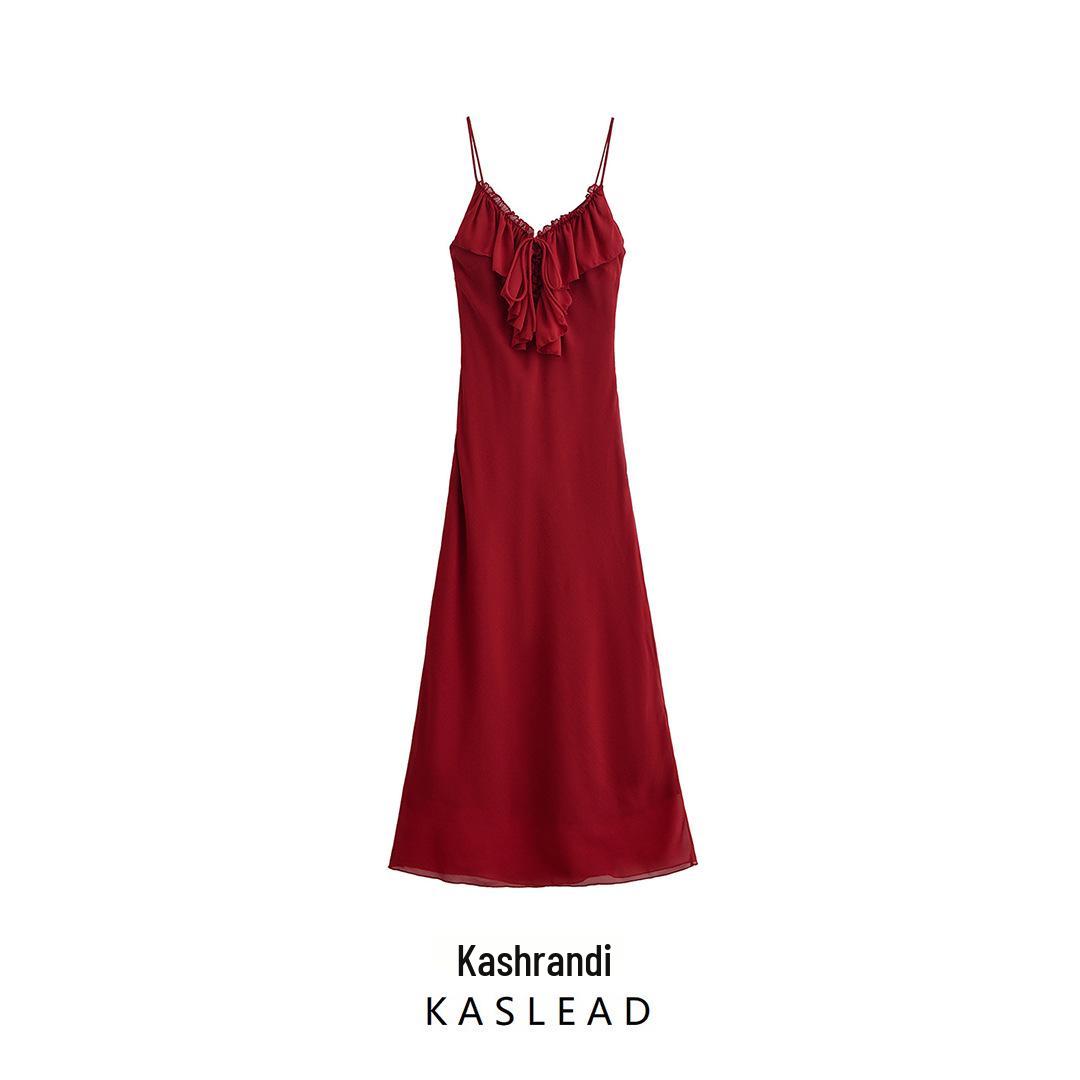 

Spring 2025 Ruffle Camisole Long Dress - European & American Style Women s Fashion Large