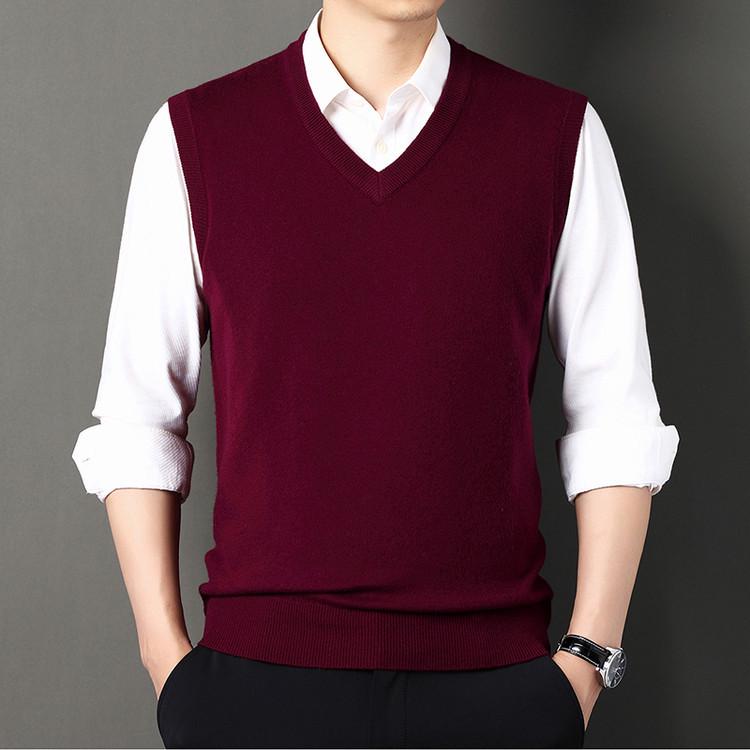 Men's Wool V-Neck Sleeveless Sweater - Solid Color Business Casual Knitwear for Spring and Autumn