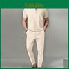 Mens Autumn American European Solid Color Waffle Suit Lapel Short Sleeve Zipper Jacket With Trousers