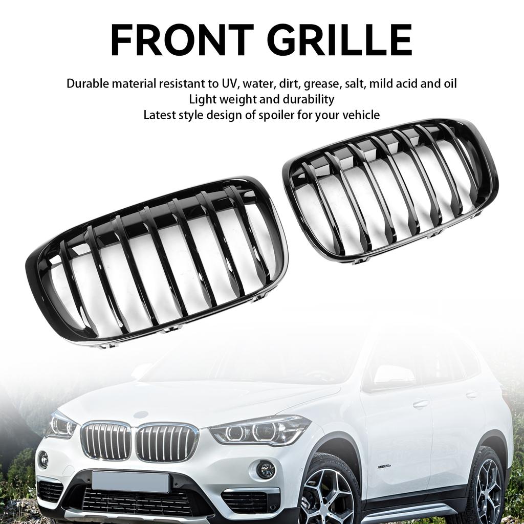 2PCS Gloss Black Front Kidney Grille Grill Fit BMW X1 F48 F49 2016-2018