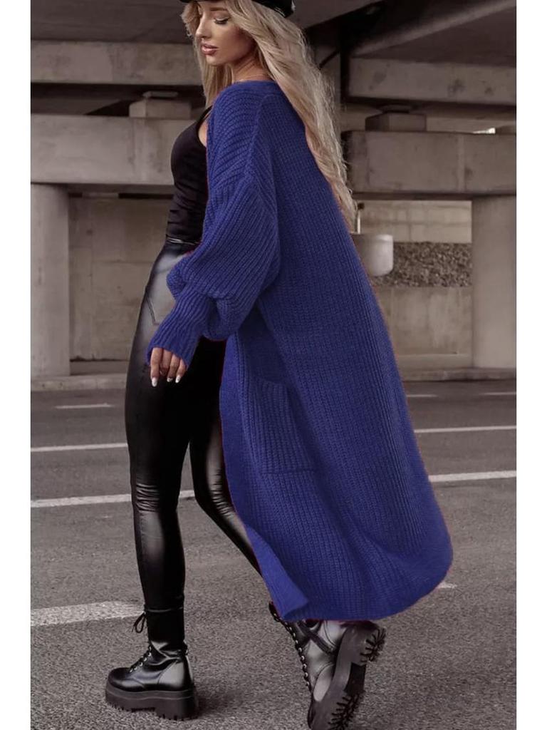 Women's Oversized Knit Cardigan with Lantern Sleeves and Pockets - Autumn/Winter Collection