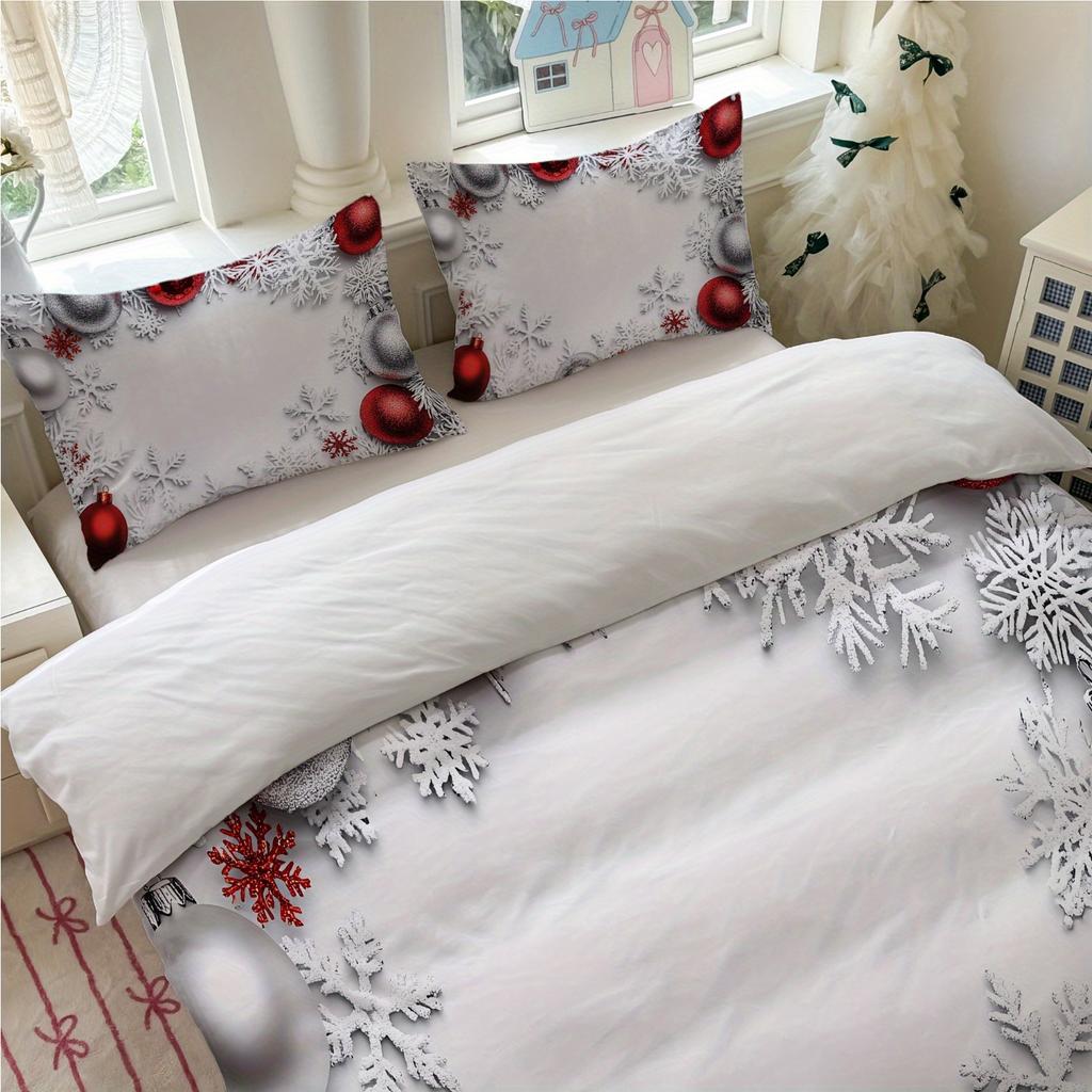 3pcs Christmas Snowflake Bedding Set White with Red and Silvery Ornaments (1Duvet Cover + 2Pillowcase, Without Core) for Winter
