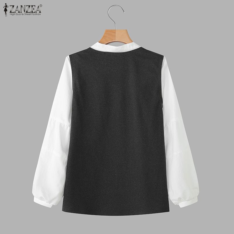 ZANZEA Women Casual Round Neck Long Sleeve Patchwork Blouse
