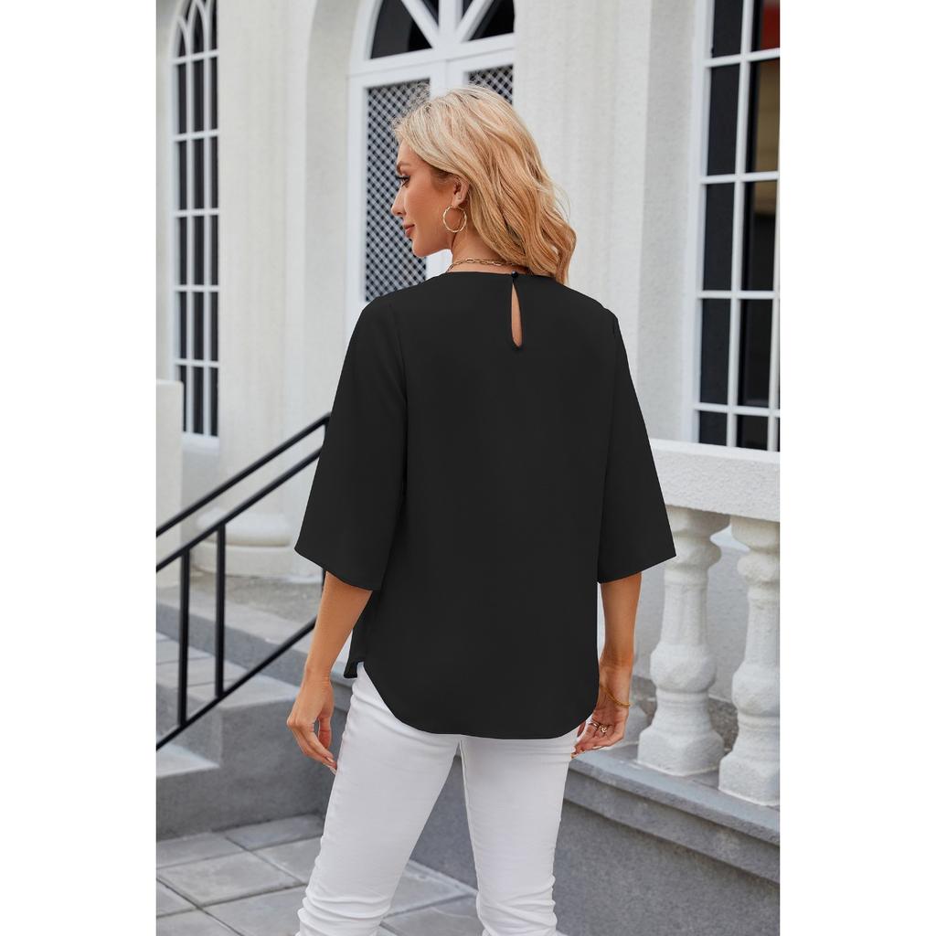 Solid Colour Round Neck Five-quarter Sleeve Short Sleeve,loose Chiffon Shirt Tops for Women