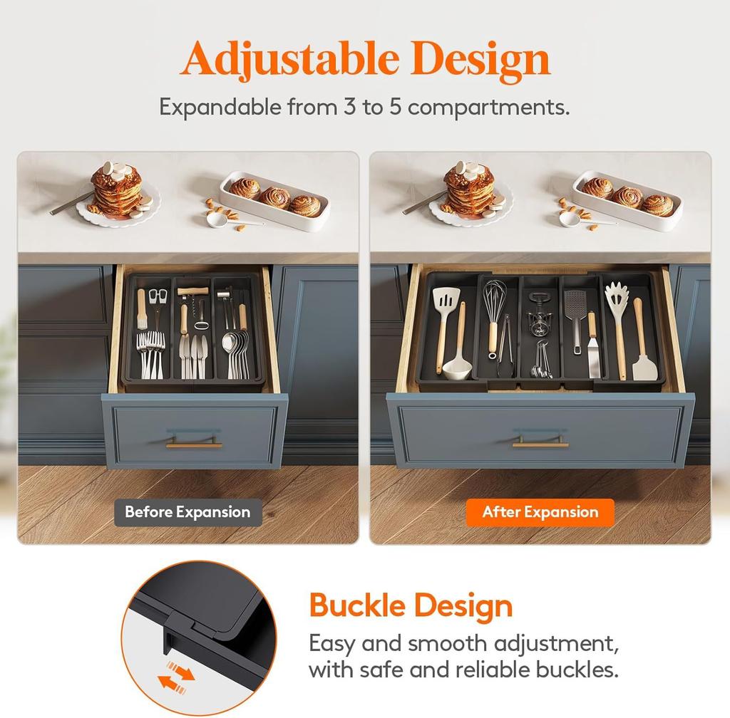Tableware Storage Box with Expandable Desktop Drawer for Storing Knives, Forks, and Cutlery, Portable Partition and Organization