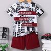 Boys' Summer Set, Casual Short Sleeved Shorts Set, Featuring Irregular Letter Printing and Patchwork Style Design