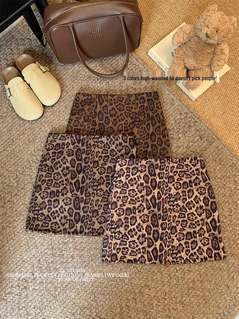 2024 European Leopard Print A-line Midi Skirt - High Waist, Slimming, Petite, Autumn Winter Style