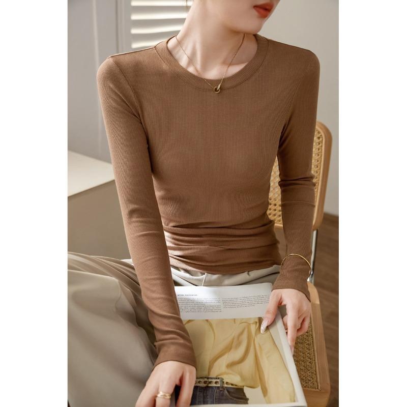 Women High Elastic Ribbed Crew Neck Long Sleeve Slim Fit Base T Shirt Top