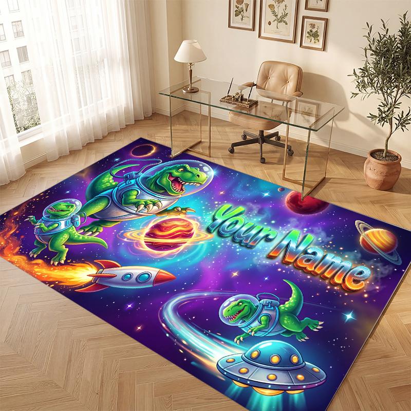Dinosaur Theme Soft Crystal Velvet Rug Custom Name & Text Print Non Slip Floor Rug for Bedroom Living Room