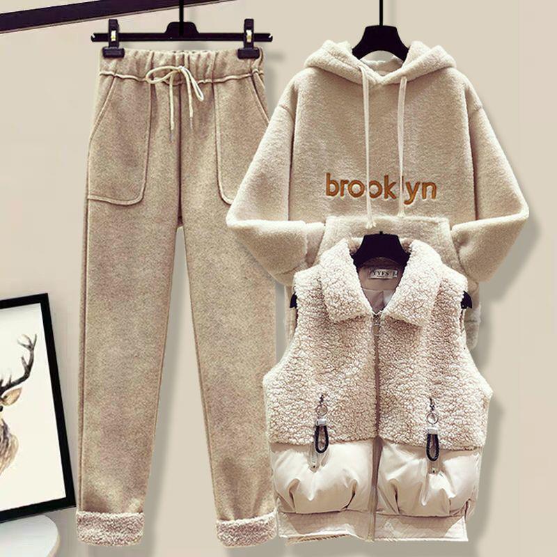 Sweet and Salty Street-Style Winter Vest, Lamb's Wool Sweatshirt, Wool Blend Pants Set: Trendy Autumn/Winter Women's Outfit, Youthful Style