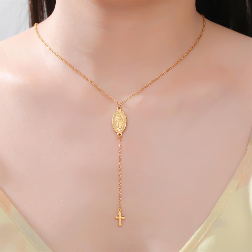 EUEAVAN Virgin Mary Cross Pendant Necklace for Women Holy Mother Maria Necklaces Stainless Steel Christian Amulet Jewelry Gift