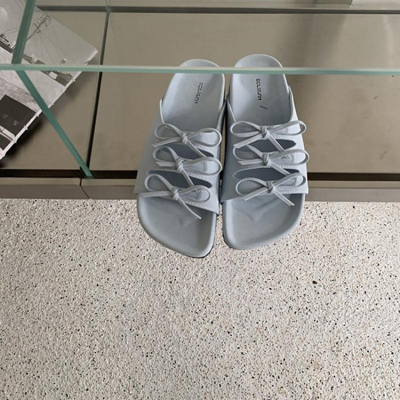 

New satin bow open-toed flat-soled soft-soled sandals round head outer wear flat-heeled cool slippers women 39 сірий колір