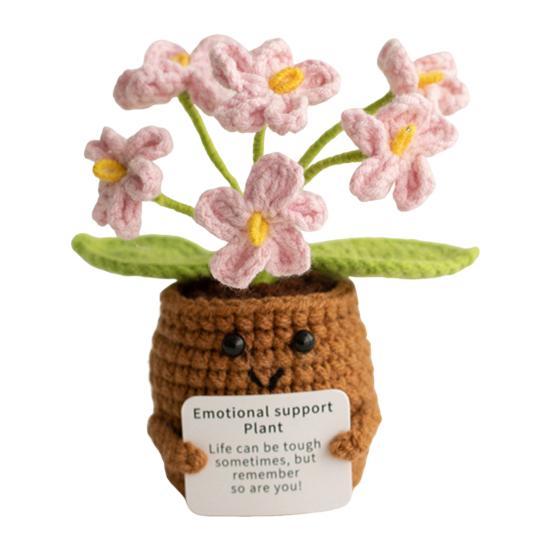 Heklet potteplante med positivt kort Emosjonell støtte Håndlaget strikket potteplante Dukke Stressreduserende leketøy Skrivebordsdekorasjon Ornament