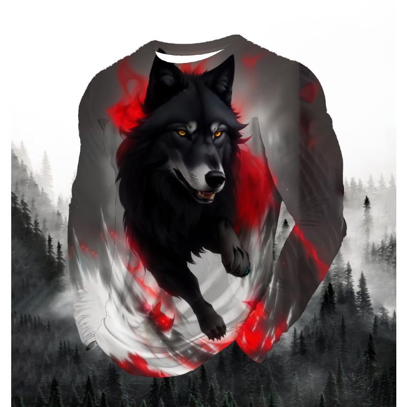 2024 Men's Fashion Print Round Neck Long Sleeve Party Autumn Sports Casual Pullover Men 3d Lonely Wolf Blue Print Tops