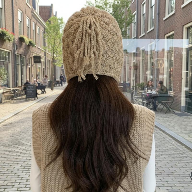 Autumn and Winter Sweet Knitted Hat with Long Tassels Windproof Ear Protection Hat Keep Warm Women Bucket Cap